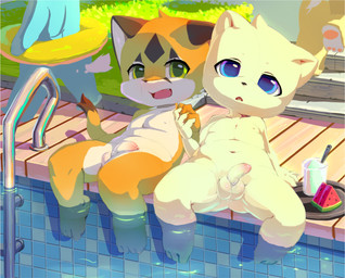 4_toes anthro balls blue_eyes brown_body brown_fur duo feet fingers food foreskin fruit fur genitals green_eyes hand_holding humanoid_genitalia humanoid_penis looking_at_viewer male melon multicolored_body multicolored_fur navel nipples open_mouth orange_body orange_fur outside partially_submerged penis plant shota sitting swimming_pool toes water watermelon white_body white_fur young young_anthro cbd mammal hi_res