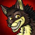 anthro black_body black_fur brown_body brown_fur ears_up eyebrows fur grin looking_at_viewer male raised_eyebrow red_background simple_background smile solo tan_body tan_fur teeth yellow_eyes narubi canid canine canis mammal wolf sly 1:1 bust_portrait icon low_res portrait