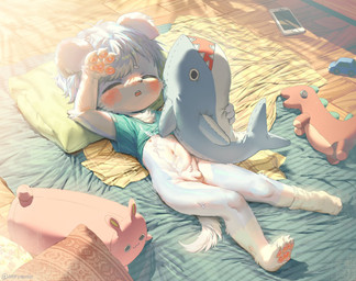 after_masturbation after_orgasm anthro arm_tuft blue_body blush blush_stickers bodily_fluids bottomless bottomless_male claws clothed clothing countershading crotch_tuft cum cum_on_self cum_on_shirt dinosaur_plushie elbow_tuft eyes_closed finger_claws flaccid floppy_ears genital_fluids genitals head_on_pillow holding_object holding_plushie lying male narrowed_eyebrows navel on_back open_mouth pawpads penis pillow plushie raised_clothing raised_shirt raised_topwear red_pawpads shark_plushie shirt solo striped_bedding toe_claws topwear tuft white_body white_countershading young young_anthro angrygentoo ikea blahaj canid canine canis domestic_dog mammal hi_res
