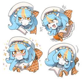 blonde_hair blue_body blue_hair blush bow_ribbon closed_smile clothing eyelashes eyes_closed female female_humanoid frilly frilly_clothing glistening glistening_eyes hair happy hat head_tilt headgear headwear long_hair mouth_closed multicolored_hair one_eye_closed open_mouth open_smile orange_eyes orange_hair question_mark smile solo sparkles white_body blushily nintendo pokemon gardevoir generation_3_pokemon humanoid pokemon_(species) shiny_pokemon 2026 digital_drawing_(artwork) digital_media_(artwork) expression_sheet hi_res