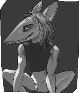 anthro balls bottomless clothed clothing crouching genitals hair male messy_hair penis sharp_teeth slim smile smirk solo spread_legs spreading tail teeth super_ugly_world_(artist) shnoodler_the_gargoyle gargoyle scalie monochrome