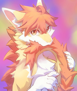 ahoge ambiguous_gender anthro bite claws fluffy fluffy_chest fur glistening glistening_eyes hair inner_ear_fluff long_neck looking_at_viewer mane markings multicolored_body orange_hair orange_mane pawpads paws pink_pawpads simple_background solo tail tail_bite tail_in_mouth tapering_tail tuft two_tone_body white_markings yellow_body yellow_eyes yellow_fur kuttoyaki mythology kutto dragon furred_dragon furred_scalie mythological_creature mythological_scalie scalie wingless_dragon digital_drawing_(artwork) digital_media_(artwork) half-length_portrait hi_res portrait