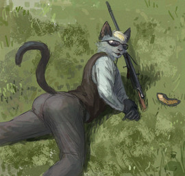 anthro butt clothed clothed_anthro clothed_male clothing eyewear fur grey_body grey_fur gun looking_at_viewer looking_back looking_back_at_viewer lying machine_gun male ranged_weapon solo sunglasses weapon wearing_sunglasses whaleoil1 animal_crossing chauchat forgotten_weapons nintendo raymond_(animal_crossing) domestic_cat felid feline felis mammal hi_res