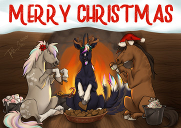 ambiguous_feral ambiguous_gender black_body black_fur blue_mane blue_tail brown_body brown_fur brown_mane brown_tail cookie eating eyes_closed fake_antlers fake_horns feral fireplace food front_view fur grey_body grey_fur group mane mouth_closed pink_mane pink_tail purple_tail side_view sitting tail tan_mane tan_tail text trio rufciu chiara_(attention_horse) dolero splash_(rufciu) equid equine horse mammal 2025 dated english_text hi_res signature female_(lore) male_(lore)