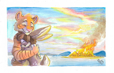 anthro brown_body brown_fur cheek_tuft closed_smile duo eyes_closed facial_tuft fire fur head_tuft hug inner_ear_fluff male male_anthro mouth_closed nude orange_body orange_fur outside sky smile text tuft white_body white_fur white_inner_ear_fluff young young_anthro young_male pandapaco flip_bunny rukatiger felid lagomorph leporid mammal pantherine rabbit tiger signature url