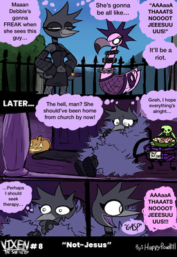alternative_fashion anthro armwear bed bottomwear chain_necklace chair choker clothed clothed_anthro clothed_female clothing collar color_coded color_coded_speech_bubble dialogue eyeball eyelashes eyeliner eyeshadow female fishnet_armwear fishnet_clothing fishnet_legwear fully_clothed fully_clothed_anthro fully_clothed_female fur furniture gasp goth grey_body grey_fur happy jack-o'-lantern jewelry lawn_flamingo lawn_ornament legwear makeup necklace pink_body pink_fur skirt smug_face solo speech_bubble spiked_collar spikes text thought thought_bubble thoughts trad_goth worried happyroadkill vixen_"fuck-alliteration"_raven avian bird corvid corvus_(genus) oscine passerine raven 2026 absurd_res comic english_text hi_res multiple_scenes trans_(lore) trans_woman_(lore)