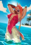 anthro breasts camel_toe clothing detailed_background eyewear female hands_behind_head looking_at_viewer nipple_outline one-piece_swimsuit outside solo standing sunglasses swimwear wet wet_clothing kyabetsu freyja_hest equid equine horse mammal hi_res