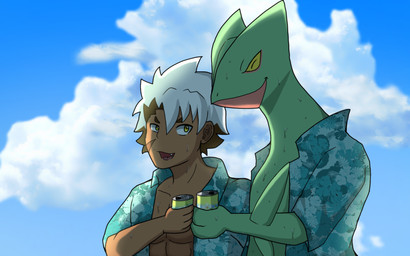 aloha_shirt beverage bodily_fluids canned_drink clothed clothing duo male male/male open_clothing open_shirt open_topwear pattern_clothing pattern_shirt pattern_topwear shirt sweat sweatdrop topwear unbuttoned_shirt dragokaizer666 nintendo pokemon lute's_sceptile_(dragokaizer) lute_(dragokaizer) pokemon_trainer generation_3_pokemon human mammal pokemon_(species) sceptile 16:10 hi_res widescreen