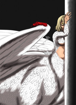 5_fingers bent_arm black_background blonde_hair breasts claws column feathered_wings feathers featureless_breasts female fingers folded_wings hair hand_on_wall light_body looking_at_viewer navel nude quadruped raised_hand red_body red_claw red_scales scales short_hair shy simple_background small_upper_body solo standing stare straight_hair white_body white_feathers wing_claws wings yellow_eyes ataltaw delicious_in_dungeon mythology falin_touden avian avian_taur dragon dragon_taur humanoid_taur hybrid mythological_creature mythological_scalie scalie taur 2026 colored digital_drawing_(artwork) digital_media_(artwork) hi_res shaded signature