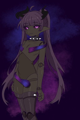 anthro biped brown_body brown_skin collar convenient_censorship doll_joints female flat_chested hair horn nebula pink_eyes porcelain purple_eyes purple_hair purple_sclera ribbons snout solo space spiked_collar spikes spikes_(anatomy) tail twintails_(hairstyle) conditional_dnp e10109 xo_(e10109) animate_inanimate kobold scalie 2:3 absurd_res cel_shading hi_res shaded