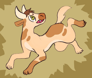 ambiguous_gender bovid_horn bovine_horn brown_body brown_fur bull_horn claws cow_ears feral fur hair horn light_body light_fur looking_back markings open_mouth paws quadruped running simple_background simple_coloring snaggle_tooth solo spots spotted_body spotted_fur tail teeth teeth_showing toe_claws batpupbourbon bovid bovine canid canine canis hybrid mammal wolf 2022 digital_media_(artwork) nonbinary_(lore)