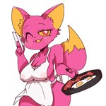 1:1 2021 4_fingers anthro apron apron_only bacon big_breasts breasts canid canine chopsticks cleavage clothed clothing cookware cute_fangs egg female female_anthro fingers food fox frying_pan fur half-closed_eyes inner_ear_fluff kitchen_utensils looking_at_viewer mammal meat multicolored_body multicolored_fur narrowed_eyes one_eye_closed open_mouth open_smile pink_body pink_fur red_eyes side_boob simple_background smile tofffffu tools tuft two_tone_body two_tone_fur white_apron white_background white_clothing wink yellow_body yellow_fur yellow_sclera