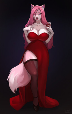 anthro bedroom_eyes big_breasts biped black_clothing black_footwear black_shoes blue_eyes breasts bulge claws cleavage clothed clothing container cup dress dress_bulge drinking_glass eyeshadow finger_claws footwear fur glass glass_container glass_cup gynomorph gynomorph_anthro hair heterochromia holding_container holding_cup holding_drinking_glass holding_object holding_wine_glass intersex intersex_anthro legwear lipstick long_hair makeup multicolored_body multicolored_fur narrowed_eyes pink_body pink_eyes pink_eyeshadow pink_fur pink_hair red_clothing red_dress red_lipstick seductive slit_dress solo standing thigh_highs two_tone_body two_tone_fur white_body white_fur wine_glass wienermozart canid canine mammal 2025 digital_media_(artwork) full-length_portrait hi_res portrait