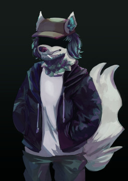 alternate_species anthro biped black_background black_clothing black_hoodie black_jacket black_topwear bottomwear brown_clothing brown_hat brown_headwear cigarette cigarette_in_mouth clothing facial_hair fur furrification green_bottomwear green_clothing green_pants grey_body grey_fur hair hand_in_pocket hands_in_both_pockets hat headgear headwear hoodie jacket male object_in_mouth pants pockets shirt simple_background smile smoking solo teal_hair topwear white_clothing white_shirt white_topwear imnotlefty friday_night_funkin' fan_character garcello canid canine canis mammal wolf 2021 absurd_res digital_media_(artwork) hi_res
