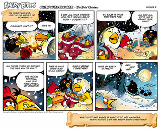 campfire clothing costume dialogue group handwear mittens reindeer_antlers santa_costume six_frame_image text two_row_layout cesar_ferioli angry_birds rovio_entertainment sega bomb_(angry_birds) chuck_(angry_birds) hal_(angry_birds) matilda_(angry_birds) the_blues_(angry_birds) avian waddling_head 2011 comic english_text tagme