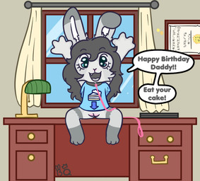 anthro blush body_blush cake_slice certificate clothed clothing collar desk female furniture genitals half_naked inviting_to_oral inviting_to_sex lamp leash leashed_collar shirt sitting sitting_on_desk solo table topwear vulva vulva_blush young young_anthro bunnyqueen lagomorph leporid mammal rabbit
