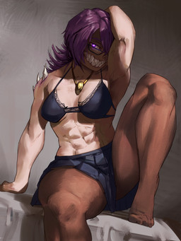 abs arm_spikes biped bottomwear brown_clothing brown_legwear brown_pantyhose clothing eyewear female female_humanoid front_view glasses glowing glowing_eyes hair hair_over_eye legwear muscular muscular_female muscular_humanoid no_lips not_furry pantyhose pleated_skirt purple_hair sharp_teeth shoulder_spikes sitting skirt solo spikes spikes_(anatomy) teeth milanovic_mihael humanoid monster monstrous_humanoid 3:4 absurd_res hi_res