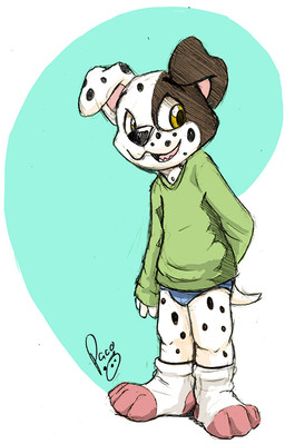 anthro black_nose black_spots blue_bottomwear blue_clothing bottomwear briefs clothed clothing facial_spots floppy_ears footwear glistening glistening_eyes green_clothing green_topwear hand_behind_back logo male male_anthro open_mouth open_smile simple_background smile socks solo spots spotted_ears spotted_face spotted_legs standing topwear underwear white_body yellow_eyes young young_anthro young_male pandapaco canid canine canis domestic_dog mammal 2015 artist_logo colored_sketch full-length_portrait portrait signature sketch
