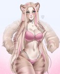 anthro big_breasts bra breasts clothed clothing female fur hair huge_breasts legwear lingerie panties simple_background smile solo stockings string stripes tail topwear underwear y2k_(fashion) sunnyygloss victoria's_secret purrcephone domestic_cat felid feline felis mammal pantherine digital_media_(artwork)