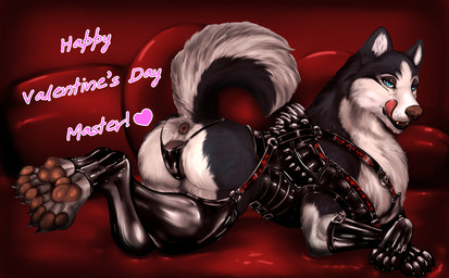 animal_genitalia animal_vulva anus bdsm_outfit bedroom bodily_fluids canine_genitalia canine_vulva clothing corset female feral fluffy fluffy_tail genitals gloves handwear heart_symbol holidays latex latex_clothing leather leather_clothing legwear lingerie looking_at_viewer paws romantic saliva seductive solo spikes stockings symbol tail thong tongue tongue_out topwear underwear valentine's_day_card vulva foxxxiny90 valentine's_day canid canine canis domestic_dog husky mammal nordic_sled_dog spitz absurd_res hi_res