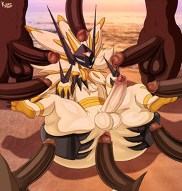 ahegao anus balls beach bestiality big_balls big_butt big_penis black_penis bodily_fluids brown_balls brown_body brown_penis brown_skin butt dark_body dark_skin darkened_balls darkened_genitalia darkened_penis dusk erection extra_arms feet feral foreskin gangbang genital_fluids genitals glans group group_sex human_on_feral humanoid_genitalia humanoid_penis imminent_sex interspecies legs_up looking_pleasured lying male male/male mane nude nude_human nude_male penis pink_glans pokephilia sand sex soles spread_butt spread_wings spreading surrounded_by_penises tan_glans toes tongue tongue_out white_balls white_body white_penis wings yellow_eyes yellow_tongue kiffy_(artist) nintendo pokemon dusk_mane_necrozma felid generation_7_pokemon human legendary_pokemon mammal pokemon_(species) 2026 absurd_res hi_res