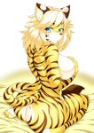 anthro big_breasts big_butt biped blonde_hair blue_eyes blush breasts brown_stripes butt female fur glistening glistening_body hair hand_on_own_breast holding_breast kemono kneeling looking_back markings nude rear_view solo striped_body striped_fur striped_markings striped_tail stripes tail tail_markings tail_tuft tuft white_body white_fur yellow_body yellow_fur megane_inu cyberconnect2 drecom full_bokko_heroes zhang_fei_(full_bokko_heroes) felid mammal pantherine tiger absurd_res hi_res