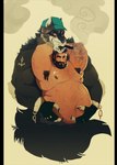 anthro beard belly belly_hair body_hair cigarette cigarette_in_mouth claws clothing duo facial_hair fluffy fluffy_tail hairy hairy_pits hand_on_another's_belly hat headgear headwear larger_male male muscular navel nipples object_in_mouth overweight overweight_male size_difference smaller_male smile tail tattoo wrist_chains vetrowolf canid canine canis human mammal wolf 2016 hi_res