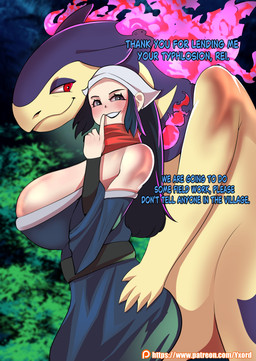 5_fingers anthro bedroom_eyes belt big_breasts big_butt black_hair blush breasts butt butt_grab cleavage cleavage_cutout clothed clothing colored_fire curvy_figure cutout dark_clothing dress duo elemental_manipulation exposed_shoulder female female_on_anthro feral fingers fire fire_manipulation forest_background grey_eyes hair hand_on_butt hand_on_hip headgear headkerchief headwear human_on_anthro imminent_sex interspecies kerchief long_hair looking_at_another looking_at_viewer male male/female male_on_human narrowed_eyes naughty_face naughty_smile patreon_logo pokephilia purple_body purple_eyelids purple_fire purple_lighting red_eyes scarf seductive semi-anthro side_eye smile talking_to_another tan_body text yxord nintendo patreon pokemon akari_(pokemon) generation_8_pokemon hisuian_form hisuian_typhlosion human mammal pokemon_(species) regional_form_(pokemon) absurd_res artist_name english_text hi_res shaded url