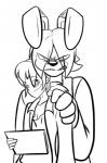 angry looking_at_viewer machine male smile renee-moonveil five_nights_at_freddy's scottgames bonnie_(fnaf) mike_schmidt_(fnaf) animatronic human lagomorph leporid mammal rabbit robot 2014 monochrome