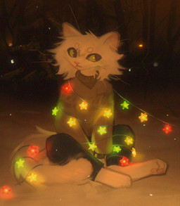 ambiguous_gender anthro christmas_present clothing forest forest_background fur gift green_eyes nature nature_background pawpads paws plant sitting snow solo sweater text topwear tree whiskers white_body white_fur purrowan domestic_cat felid feline felis mammal 2026 digital_media_(artwork) english_text hi_res