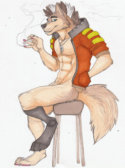 abs animal_genitalia anthro athletic athletic_anthro athletic_male blue_eyes bottomless brown_hair cheek_tuft cigarette clothed clothing facial_tuft fur genitals hair holding_cigarette holding_object jacket jewelry looking_at_viewer male male_anthro mohawk narrowed_eyes necklace open_clothing open_jacket open_topwear pecs prosthetic prosthetic_leg prosthetic_limb red_clothing red_jacket red_topwear sheath simple_background sitting solo tail tan_body tan_fur tan_tail topwear tuft white_background white_hair hufnaar canid canine mammal hi_res