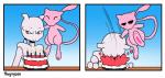 ambiguous_gender anthro barefoot birthday black_eyes blue_background cake candle date_celebration dessert eyes_closed featureless_crotch feet fire food hand_on_head humor long_tail looking_away pawpads paws pink_body pink_skin purple_eyes simple_background size_difference tail white_body white_skin thegreyzen mewtwo_day nintendo pokemon pokemon-specific_day generation_1_pokemon legendary_pokemon mew_(pokemon) mewtwo pokemon_(species) 2020 comic