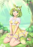 alternative_fashion breasts clothed clothing country_lolita dress female footwear grass green_eyes green_hair hair j-fashion kneeling lolita_(fashion) outside plant rock shoes solo tree water sand-rain animal_humanoid canid canid_humanoid canine canine_humanoid fox_humanoid humanoid mammal mammal_humanoid 2019 hi_res