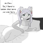 alternate_species anthro bed clothed clothing dialogue dress female female_anthro fingers furniture furrification grey_body hair lying mouth_closed on_side pillow solo text twintails_(hairstyle) kitsukael frieren_beyond_journey's_end 1:1 english_text hi_res