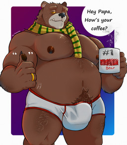 anthro brown_body brown_fur bulge clothing container cup detailed_bulge fur male mug nipples overweight overweight_anthro overweight_male pubes ring scar simple_background solo text underwear tanpa_(artist) dreamworks puss_in_boots_(franchise) papa_bear_(puss_in_boots) bear brown_bear mammal ursine hi_res