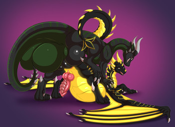 abdominal_bulge anal anal_penetration balls big_balls black_body black_tail claws duo feet feral feral_on_feral feral_penetrated feral_penetrating feral_penetrating_feral genitals green_balls green_body green_tail grey_claws grey_horn horn huge_balls male male/male male_penetrated male_penetrating male_penetrating_male multicolored_body open_mouth penetration penile penile_penetration penis penis_in_ass pink_penis pink_tongue purple_background sex sharp_teeth simple_background tail teeth toes tongue white_claws wings yellow_horn yellow_wings tofu-doggo mythology dragon mythological_creature mythological_scalie scalie hi_res