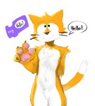 ambiguous_gender anthro black_text chest_tuft crotch_tuft front_view fur gesture greeting male multicolored_body multicolored_fur open_mouth open_smile orange_body orange_fur orange_tail pawpads paws pink_pawpads simple_background smile solo speech_bubble standing tail text toony tuft two_tone_body two_tone_face two_tone_fur two_tone_tail waving whiskers white_background white_body white_fur kogito scratch_(application) scratch_cat domestic_cat felid feline felis mammal digital_media_(artwork) english_text hi_res portrait three-quarter_portrait