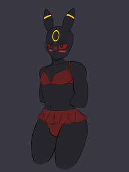 annoyed anthro blush blush_lines bottomwear clothed clothing crossdressing embarrassed femboy hands_behind_back humiliation lingerie male miniskirt skirt solo tibbby321 nintendo pokemon eeveelution generation_2_pokemon pokemon_(species) umbreon 3:4 hi_res