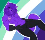 abs anthro blue_eyes bottomwear clothing eyebrows eyelashes fingers fluffy fluffy_hair fluffy_tail fur gloves hair handwear inner_ear_fluff lgbt_pride long_hair looking_at_viewer male muscular muscular_anthro muscular_male nipples pants pose pride_color_background pride_colors purple_body purple_fur purple_hair purple_skin scar scared scene_haircut shirtless simple_background solo tail tuft vincian_pride_colors james_andromeda liam_(james_andromeda) canid canine mammal digital_media_(artwork) hi_res pinup