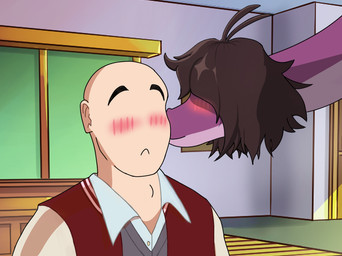 anthro bald biped blush brown_hair clothed clothed_human clothed_male clothing duo eyebrows female frown hair hair_over_eyes human_on_anthro inside interspecies kissing_cheek long_neck male male/female male_human medium_hair purple_body raised_eyebrows romantic romantic_couple surprised kuvas_(artist) cavemanon_studios devlog:_a_post-modern_college_experience dev_(devlog) emily_(devlog) brontosaurus dinosaur diplodocid diplodocoid human mammal prehistoric_species reptile saurischian sauropod sauropodomorph scalie colored shaded