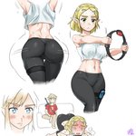 blonde_hair blood blue_eyes blush bodily_fluids bottomwear breasts butt clothed clothing controller duo female game_controller green_eyes hair humanoid_pointy_ears joycon_controller long_hair male navel nintendo_controller nosebleed not_furry pants pointy_ears ringcon_controller short_hair simple_background sitting yoga_pants monbetsu_kuniharu breath_of_the_wild nintendo nintendo_switch ring_fit_adventure the_legend_of_zelda link princess_zelda humanoid hylian mammal 1:1