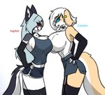 anthro big_breasts breast_squish breasts clothing countershading duo ear_piercing female fur grey_body grey_fur huge_breasts legwear piercing simple_background small_waist squish tail tan_body tan_fur text thick_thighs thigh_highs white_background white_body white_countershading white_fur wide_hips pace-maker helluva_boss mythology loona_(helluva_boss) sophie_(pace-maker) canid canid_demon canine demon hellhound mammal mythological_canine mythological_creature 2025