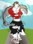 anthro beverage big_muscles black_nose bulge claws clothed clothing growth huge_muscles hyper hyper_muscles male muscle_growth muscular muscular_anthro muscular_male outside pawpads red_eyes smile solo torn_clothing walking eda canid canine mammal absurd_res hi_res