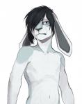 anthro black_eyes black_hair collarbone front_view fur grey_body grey_fur hair hair_over_eye long_ears looking_at_viewer male nipples nude one_eye_obstructed short_hair simple_background solo white_background white_body white_fur melamoryblack lagomorph leporid mammal rabbit half-length_portrait hi_res portrait