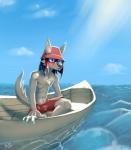 anthro black_hair blush boat bulge chest_tuft clothed clothing fur grey_body grey_fur hair hat headgear headwear male navel solo swimwear topless tuft vehicle water watercraft bison_black canid canine canis coyote mammal leo_(disambiguation) hi_res