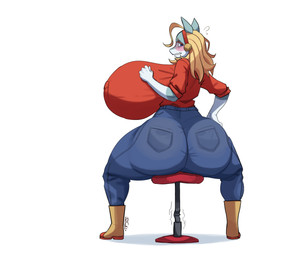 accessory anthro arms_bent big_breasts big_butt blonde_eyebrows blonde_hair blue_bottomwear blue_clothing blue_eyes blue_pants blush boots bottomwear breasts brown_boots brown_clothing brown_footwear butt butt_expansion chair clothed clothed_anthro clothed_female clothing expansion eyebrows eyelashes female female_anthro footwear fully_clothed fully_clothed_anthro fully_clothed_female furniture gloves_(marking) hair hair_accessory hand_on_hip huge_breasts huge_butt looking_back markings on_chair open_mouth pants pupils rear_view red_clothing red_eyelashes red_shirt red_topwear shirt shoes simple_background sitting sitting_on_chair sitting_on_stool snout solo stool teal_body teal_ears text topwear white_background white_body white_sclera worried junfreaky my_hero_academia ippan_josei mammal quirked_human_(my_hero_academia) absurd_res artist_name digital_drawing_(artwork) digital_media_(artwork) full-length_portrait hi_res portrait shaded source_request