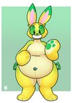 anthro belly big_belly digitigrade female freckles green_body green_eyes green_freckles green_nose hand_on_belly handles_on_hips inflatable long_ears navel_nozzle nozzle pawpads pool_toy simple_background smile solo thick_thighs worried yellow_body foamytail animate_inanimate lagomorph leporid living_inflatable mammal rabbit hi_res