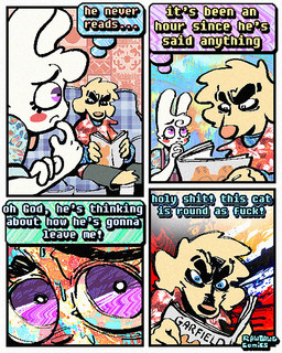 4_panel_comic aloha_shirt anthro bodily_fluids book bottomwear bow_tie cheek_spots clothing duo floppy_ears fur half-closed_eyes humor inner_monologue male narrowed_eyes overalls pattern_clothing pattern_shirt pattern_topwear profanity reading reading_book shirt shorts sweat sweatdrop text thinking thought_bubble topwear white_body white_fur yellow_body yellow_fur rawdawgcomics bingus_(rawdawgcomics) stahli_(rawdawgcomics) bird_dog canid canine canis domestic_dog golden_retriever hunting_dog lagomorph leporid mammal rabbit retriever 4:5 comic english_text hi_res