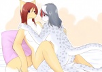 anthro breasts butt canid canine diva_(artist) duo felid female female/female fox hair looking_at_viewer mammal nude pillow purple_eyes red_eyes red_hair sitting tail