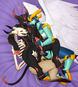 anal anal_penetration anthro black_body black_penis blue_body bodily_fluids brown_body brown_fur claws cum cum_inside cum_on_self cum_on_tongue cum_while_penetrated double_penetration feathered_wings feathers fur genital_fluids genitals group group_sex hooves horn looking_pleasured machine male male/male multicolored_body penetration penile penile_penetration penis penis_in_ass red_eyes red_penis sex tail threesome tongue tongue_out trio wings conop-8888 conop angel bovid caprine caprine_demon demon goat_demon humanoid mammal robot robot_humanoid 2019 hi_res
